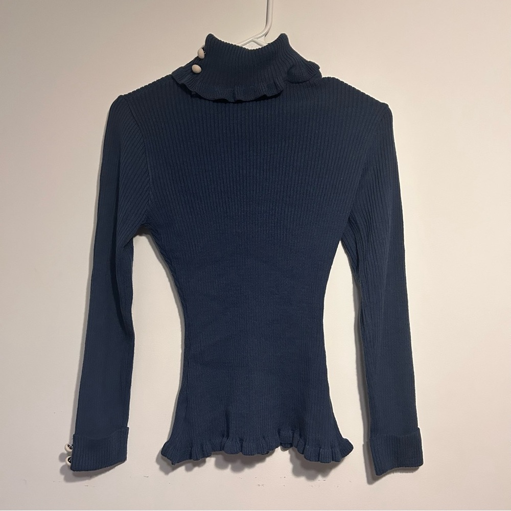 NWOT Japanese Elegant Ruffled Blue Turtleneck Sweater